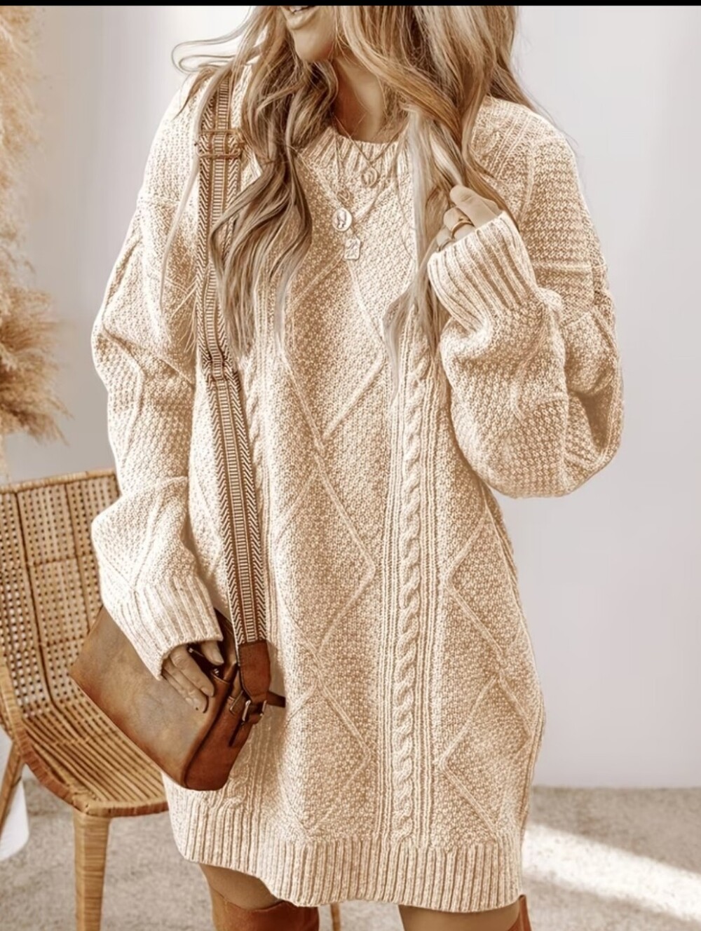 Adorable Cozy Cable-Knit Sweater Dress - Cream